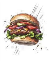 Delicious Burger Illustration with Fresh Vegetables and Cheese on White photo