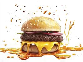 Delicious Hamburger with Dripping Cheese and Splash Effects Isolated on White photo