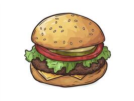 Illustration of Classic Burger with Lettuce Tomato and Cheese on White photo