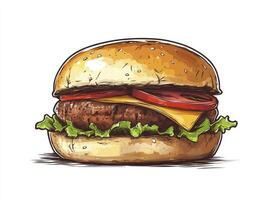 Delicious Burger Illustration with Cheese Tomato and Lettuce on White Background photo