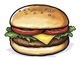 Delicious Burger Illustration with Lettuce, Tomato, and Cheese on White photo