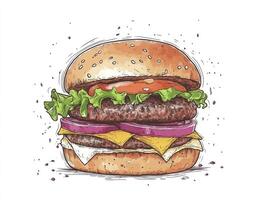 Delicious Double Cheeseburger Illustration with Lettuce, Tomato, Onion and Cheese photo