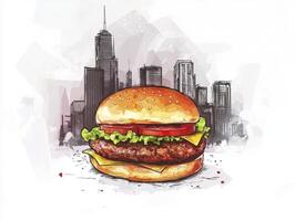 Delicious Burger with Lettuce and Tomato in Front of City Skyline photo