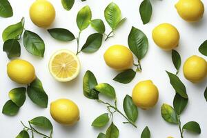Fresh Lemons with Green Leaves Flat Lay on White Background photo