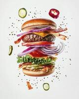 Deconstructed Burger Ingredients Floating Composition on White Background Close Up photo