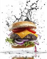 Delicious Burger with Fresh Toppings and Splashing Water on White Background photo