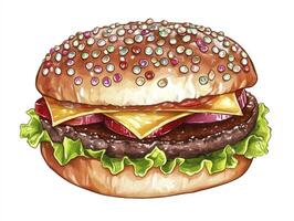Delicious Hamburger Illustration with Sprinkles Cheese and Veggies on White photo