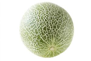 Close-up of a Honeydew Melon with Green Skin on White Background photo