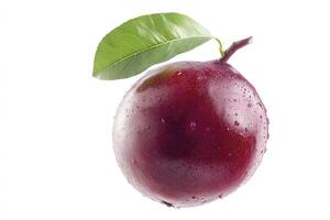 Fresh Plum with Leaf on White Showcases Healthy and Natural Eating photo