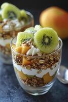 Enjoying Fruit Parfait with Kiwi Mango Granola and Yogurt in Glass photo