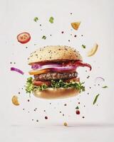 Delicious Hamburger with Flying Ingredients Appetizing Food Still Life Concept photo