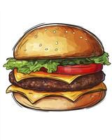 Drawing of Hamburger with Cheese Tomato and Lettuce on White Background photo