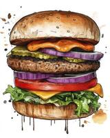 Appetizing Watercolor Burger Illustration with Fresh Vegetables and Sauce Drips photo