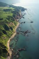 Aerial View of Green Coastline with Cliffs and Turquoise Ocean Water photo