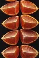 Slices of Fresh Blood Orange Arranged on Dark Background in Vertical Layout photo