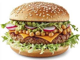 Delicious Gourmet Burger with Guacamole, Chickpeas and Fresh Vegetables Isolated photo