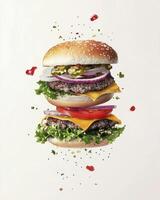 Delicious Double Cheeseburger with Floating Ingredients on a White Background photo