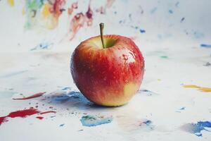Fresh Red Apple with Water Droplets on Colorful Artistic Background photo