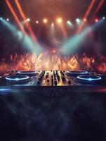 Electronic Dj Mixer at Music Event with Crowd in Background photo