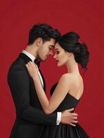 Elegant Couple Embracing in Formal Attire Against a Rich Red Background photo