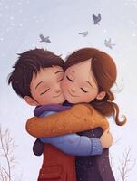 Children Embracing Affectionately During Winter with Birds in Snowy Background photo