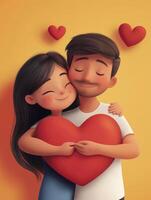 Couple Hugging Holding Red Heart Cartoon Style Celebrating Valentines Day photo