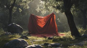 Red Fabric Covered Figure Standing in Forest Clearing Surrounded by Trees photo