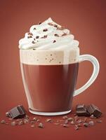 Enjoying Hot Chocolate in Glass with Whipped Cream and Chocolate Chunks photo