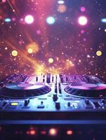 Dj Mixer Playing Music with Nightclub Lights for Party Event photo