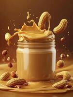 Peanut Butter Jar with Flying Peanuts and Butter Splash photo