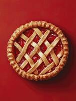 Fresh Baked Cherry Pie with Lattice Crust on Red Background photo