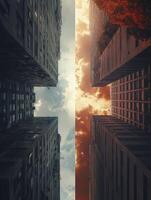Looking Up at Urban Buildings with Moody Sky Color Contrast photo