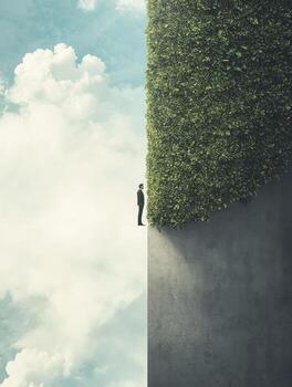 Man Standing on Edge Between Sky and Wall with Greenery Backdrop photo