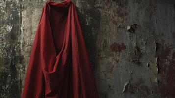 Draped Red Fabric on a Distressed Wall with Textured Surface photo