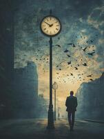 Man Walking Under Clock in City with Birds Flying Overhead photo
