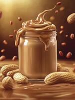 Peanut Butter Jar with Dripping Topping and Scattered Nuts Illustration photo