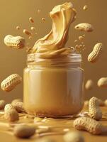 Peanut Butter Jar with Splashing Spread and Floating Peanuts Around photo
