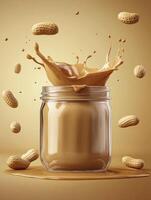 Peanut Butter Jar with Splashing and Flying Peanuts on Golden Background photo
