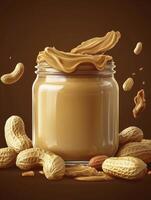 Creamy Peanut Butter Jar with Peanuts Delicious Food Product Display photo
