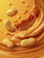 Peanuts Floating with Creamy Peanut Butter Swirl Background for Food Concepts photo