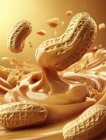 Peanuts with Creamy Peanut Butter Splash and Drizzle in a Golden Tone photo