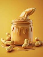 Peanut Butter Flowing Over Jar Surrounded by Peanuts Delicious Treat photo