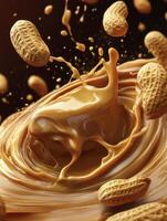 Peanuts and Peanut Butter Splashing in Creamy Swirls for Food Concepts photo