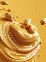 Peanut Butter Splash with Floating Peanuts on Yellow Background Design photo