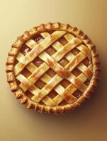 Golden Crusted Lattice Apple Pie Overhead View on Solid Background photo