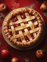 Delicious Homemade Apple Pie with Lattice Crust on Red Background photo
