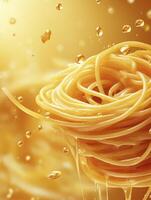 Golden Spaghetti Nest with Glossy Sauce Drips and Floating Bubbles photo