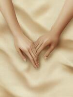 Resting Hands on Silk Fabric Creating Soft Shadow Elegance Background photo