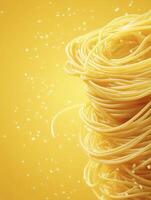 Tower of Cooked Spaghetti with Yellow Background and Floating Ingredients photo