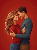 Couple Embracing with Affectionate Smiles on Red Background for Romance Concepts photo